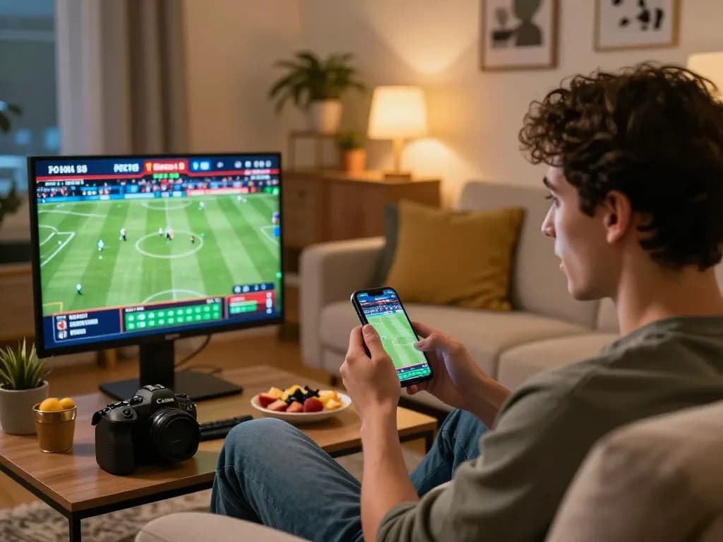 Person betting on gi88 sports match using smartphone at home, showcasing excitement and strategic engagement