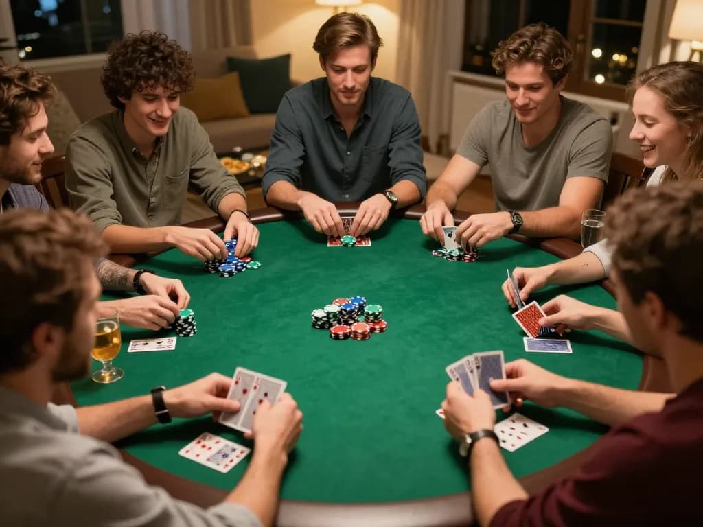Pemain menikmati pengalaman permainan poker yang mendebarkan dalam suasana sosial dengan chip dan kartu bertema wbo77.