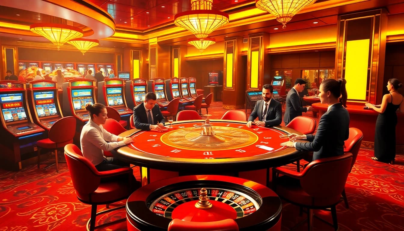 Players enjoying a high-stakes poker game at a luxurious casino, reflecting Nhacaiuytin's premium experience in gambling.