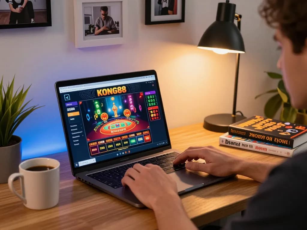 KONG88 player engaging with online casino through laptop in a cozy home setting, demonstrating strategic gameplay.