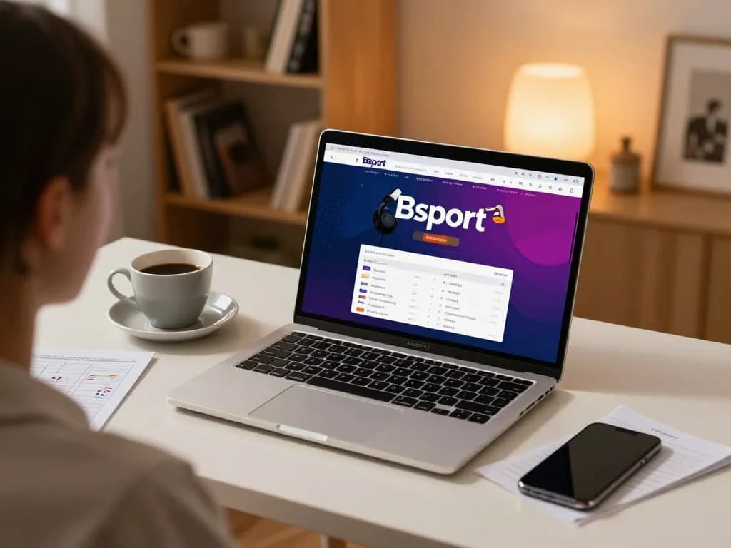 Bsport online betting session on a stylish desk with laptop and coffee.