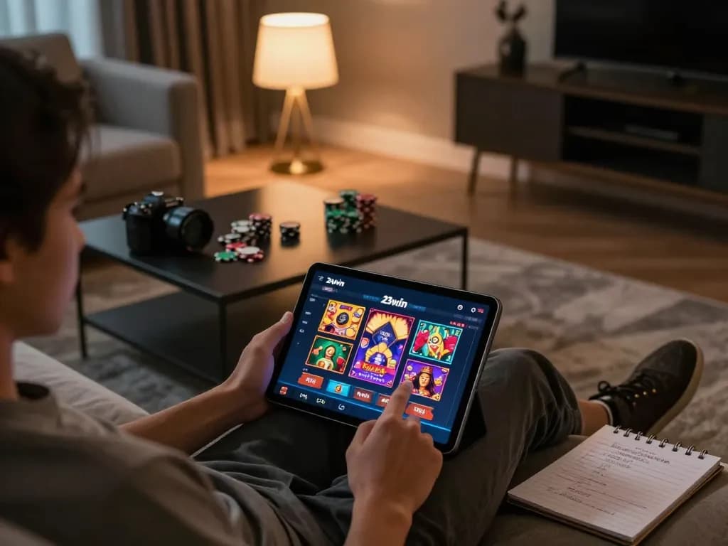 Playing games through the 23win app on a tablet while planning strategies on a notepad.