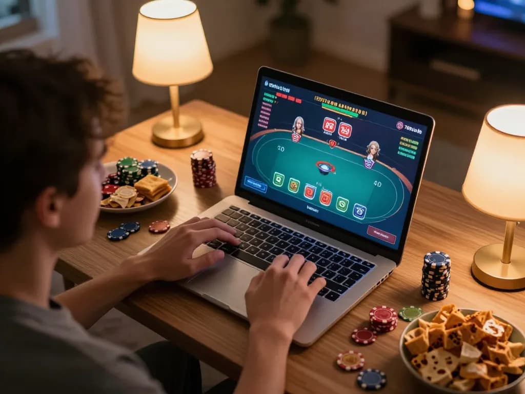 Playing poker on 789club from a cozy home setup with snacks and warm lighting