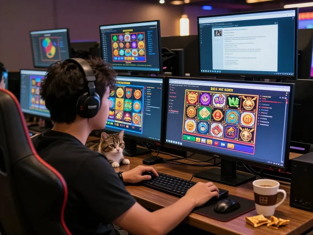 Engaged player at https://kuwincom.net/ enjoying vibrant online casino games with cozy setup.