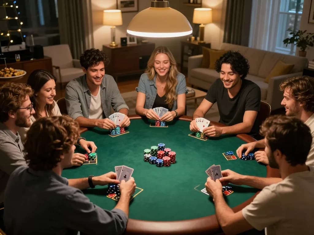 Players enjoying a thrilling poker game at home, emphasizing tr88 strategy and camaraderie.