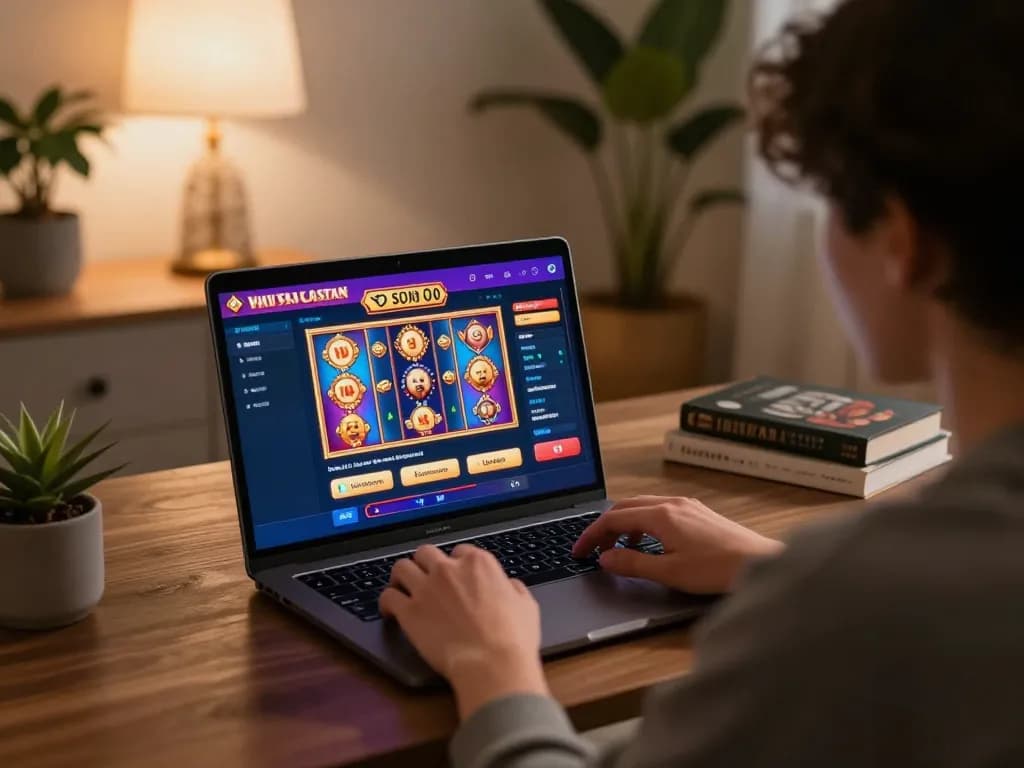 wild sultan casino connexion on a laptop in a cozy home environment with vibrant slot games displayed
