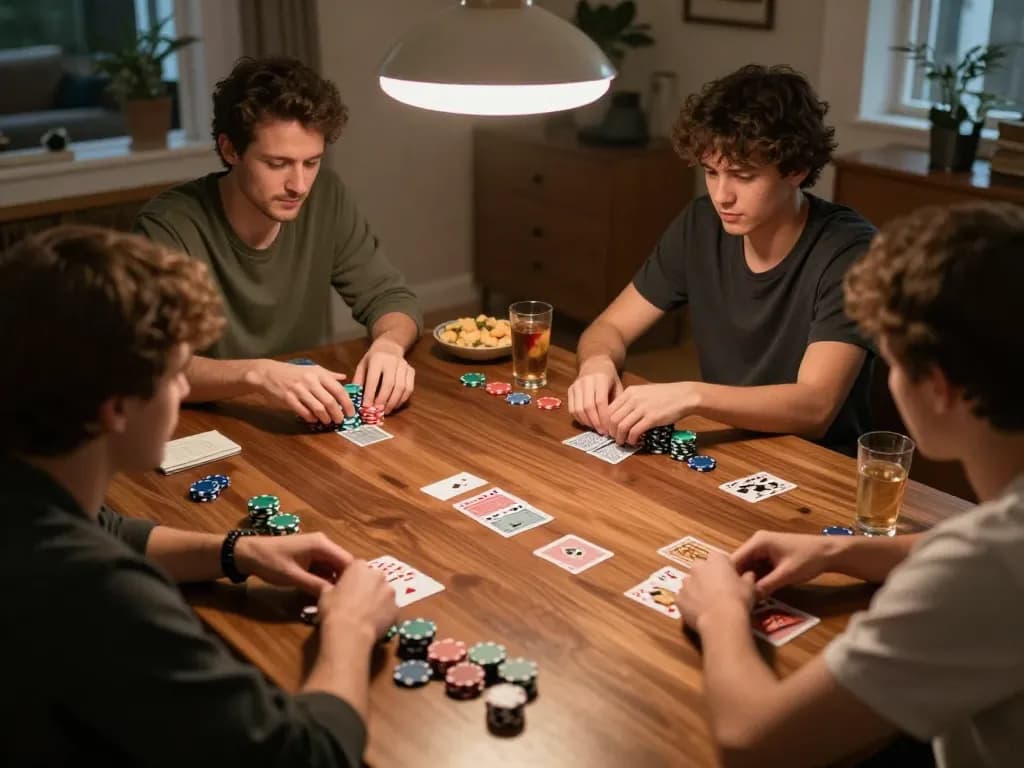 Engaged players at a home poker night celebrating with Poker88 Alternatif Link gameplay.