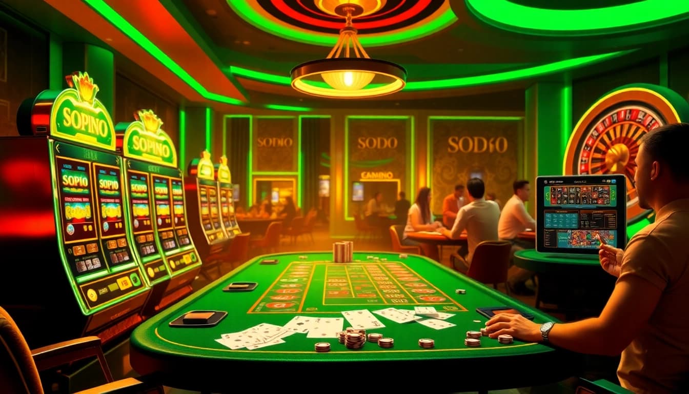 SODO66 casino scene capturing players engaged in exciting games with vivid slot machines and poker chips.