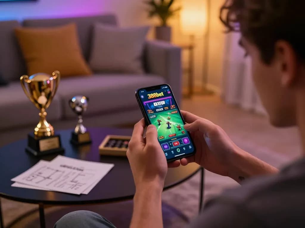 Engaged player using the 388bet app for online casino gaming in a cozy setting.