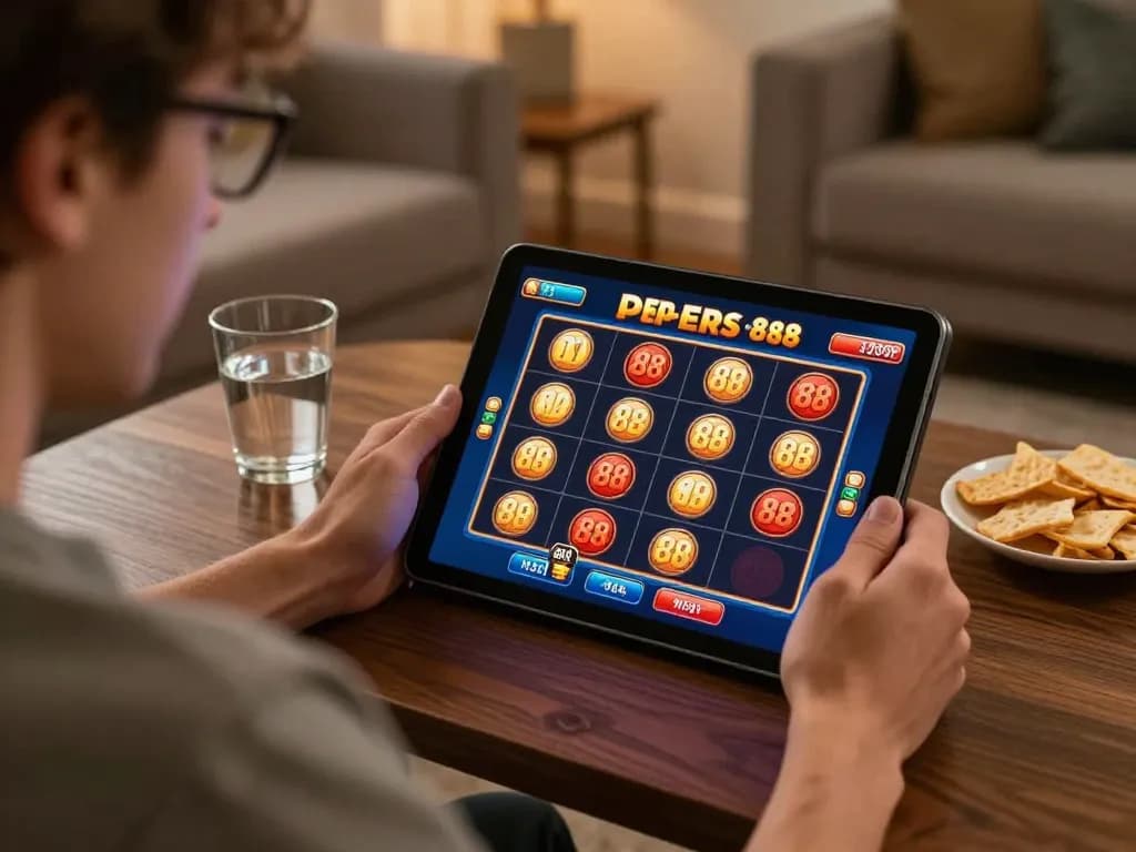 Player enjoying open 88 slots on tablet in cozy living room during online gaming session.