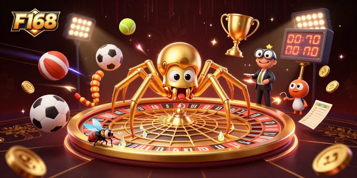 F168’s golden spider spins a roulette wheel web, while a fly bets nervously with sports elements scattered.