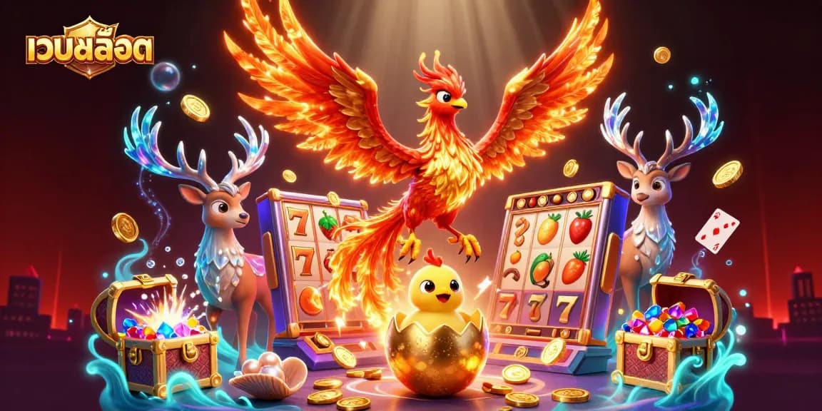 Engage with เว็บสล็อต while enjoying a vibrant scene of phoenix characters amidst dynamic slot game elements.