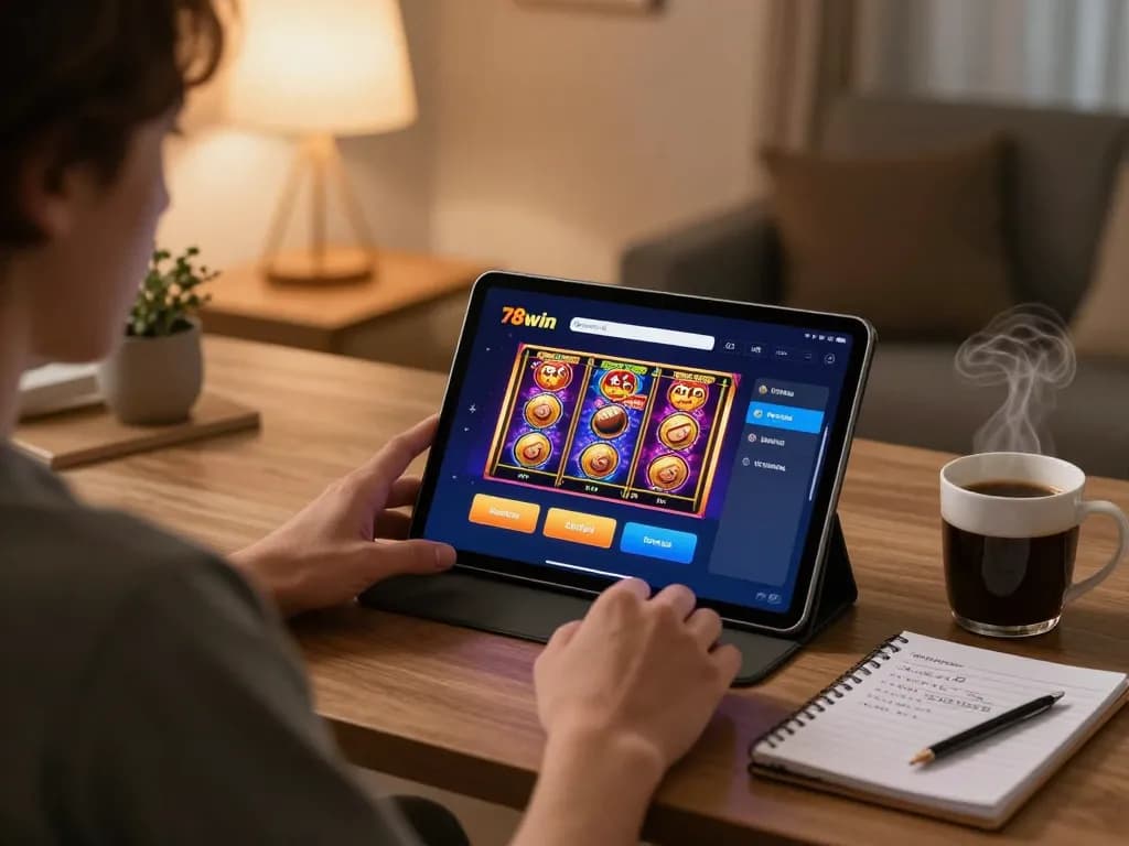 Player engaging with 78win online slots on a tablet, showcasing a cozy home gaming setup.