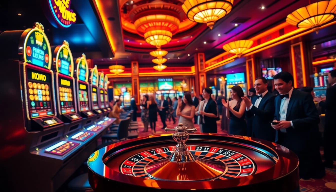 Players winning big with Nổ Hũ Đổi Thưởng at a vibrant casino slot machine.