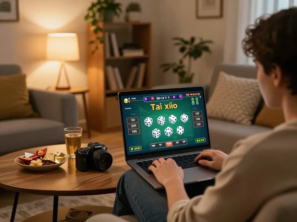 Tài xỉu online gameplay on a laptop in a cozy living room with snacks and warm lighting.