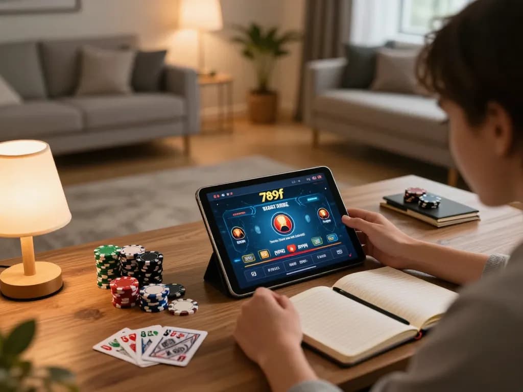 Engaging gameplay on the 789f app in a cozy home setting, featuring a person strategizing with poker chips and notes.