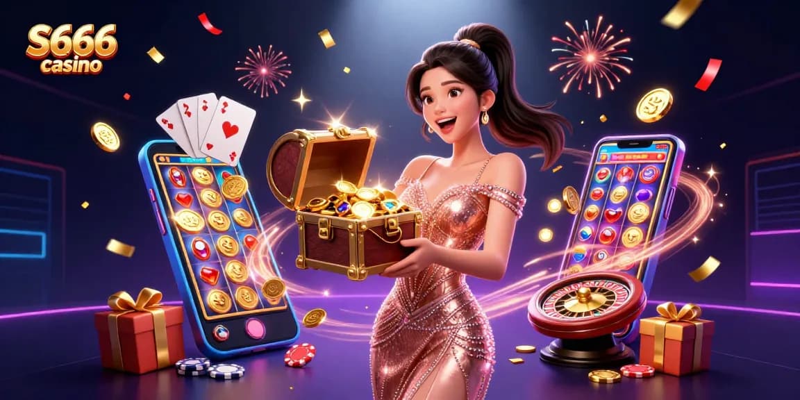 S666 casino delights with a stunning Asian woman showcasing treasure while golden coins and slot games explode around her.