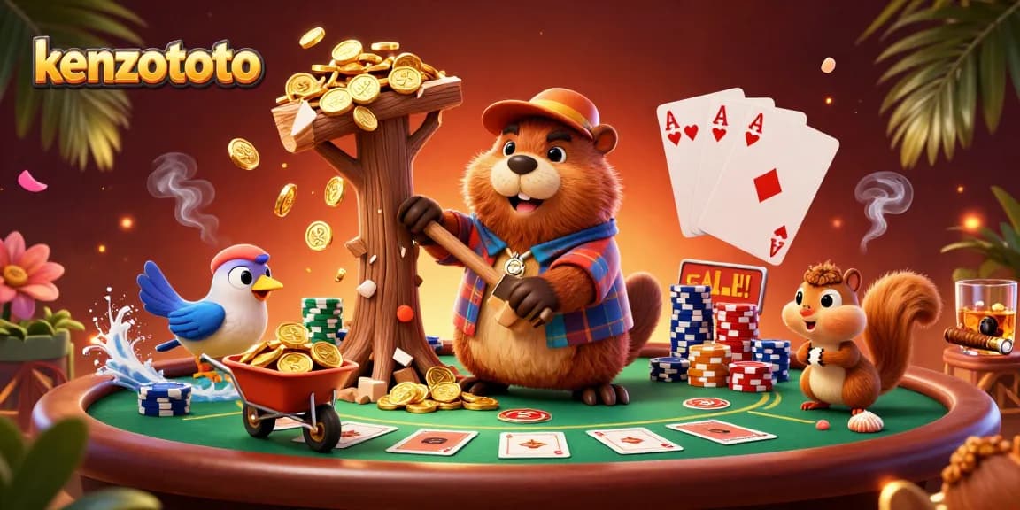 Kenzototo shines as the beaver wins big at the poker table in a vibrant 3D illustration.
