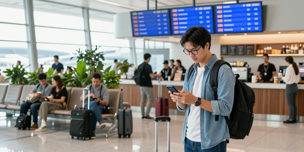 Traveler checking flight status AA 88 at a bright airport terminal.
