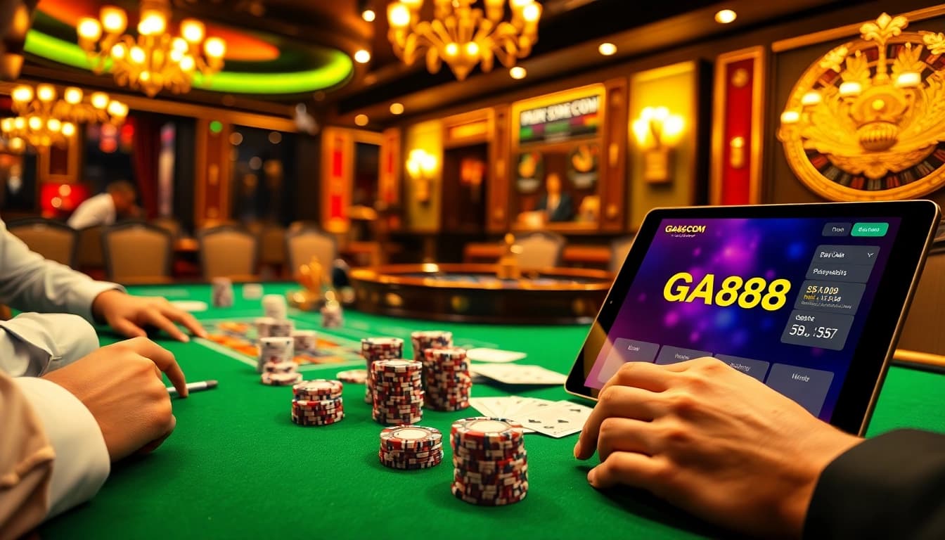 Players intensely strategizing at the GA888.COM high-stakes poker table with vibrant chips and cards.