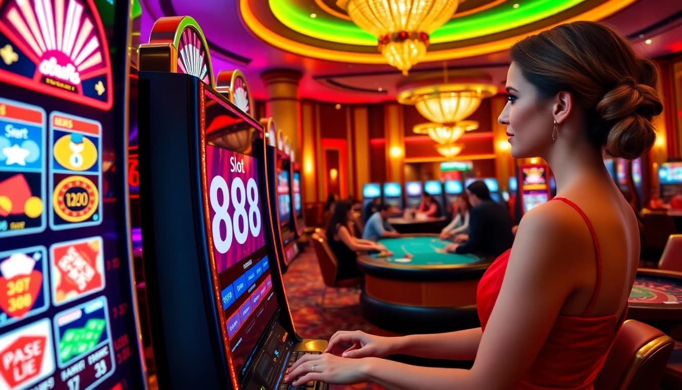 A captivating scene of a player engaged with the slot 888 machine in a vibrant casino, surrounded by poker chips and lights.