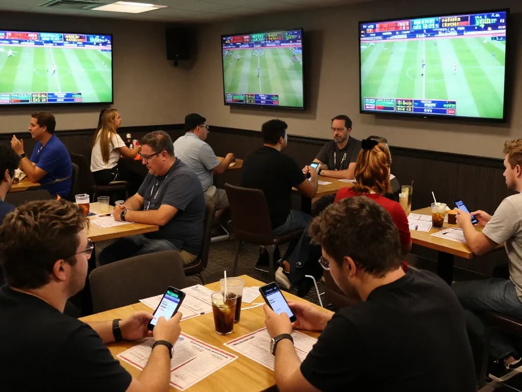 Fans placing bets on Bsport app during a live sports event in an exciting lounge atmosphere.