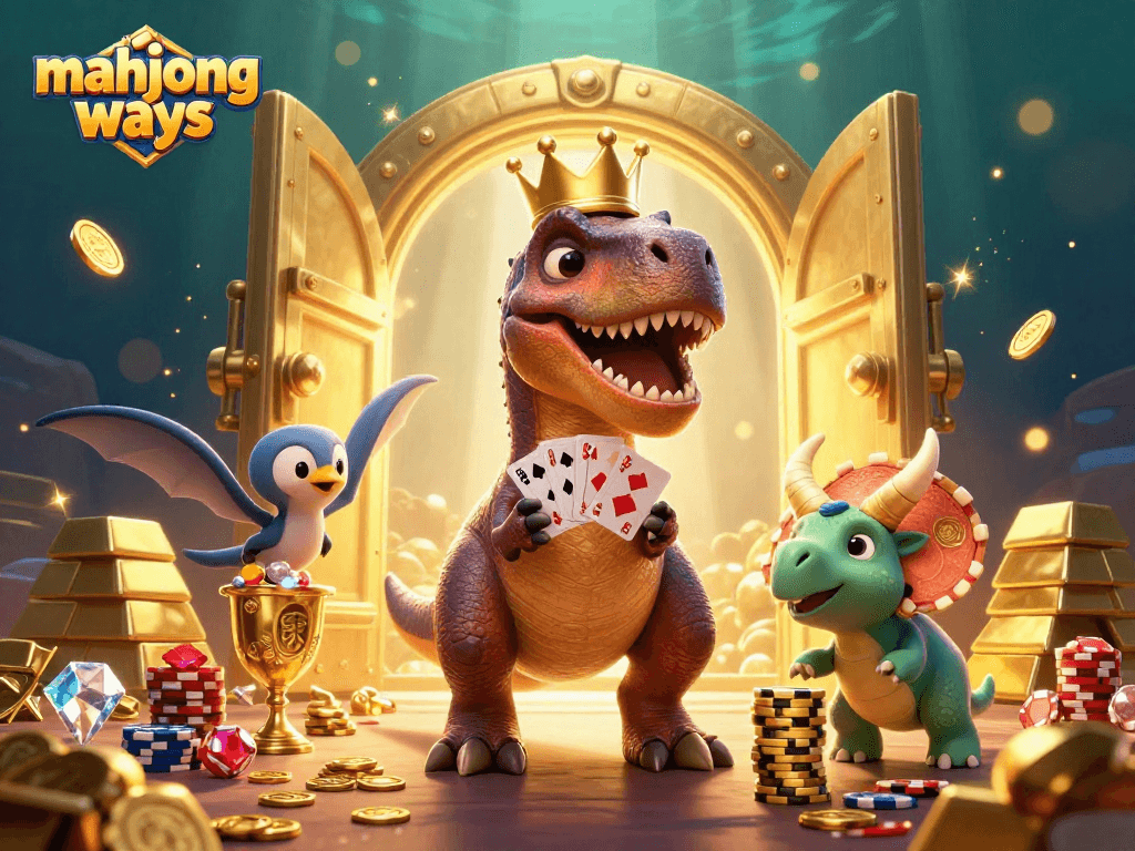 Engage with mahjong ways as the cheerful T-Rex shuffles cards with its tiny arms amidst treasures and chips.