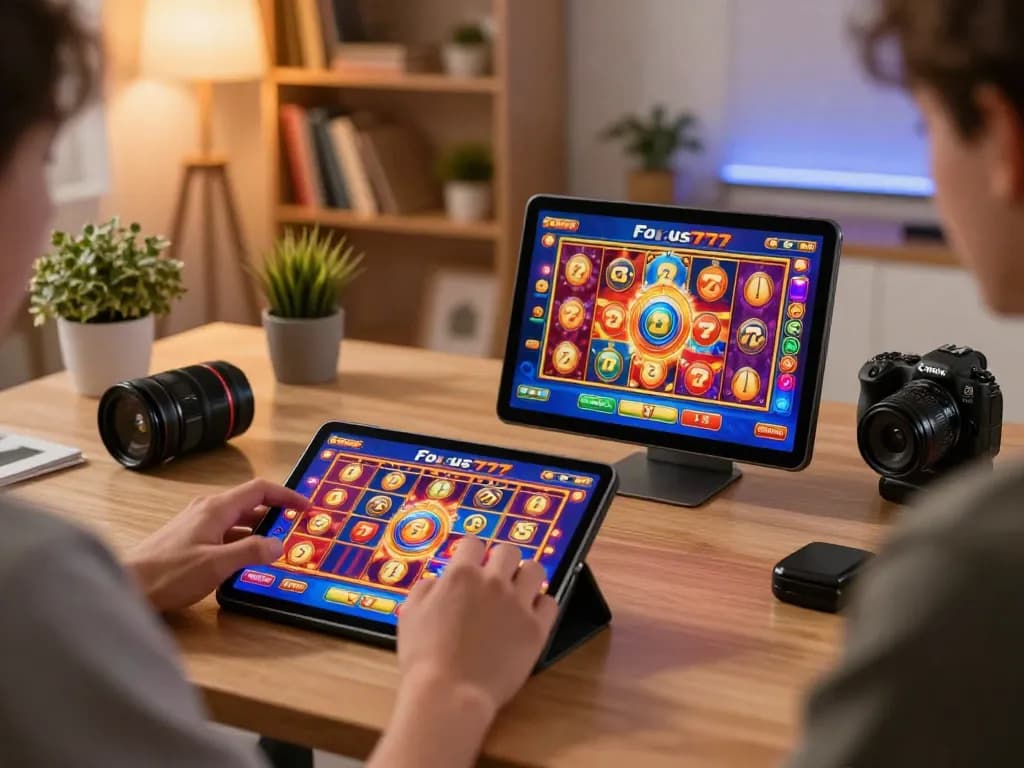 Engaging in Fokus777 login while enjoying colorful online slot games on tablet at home.