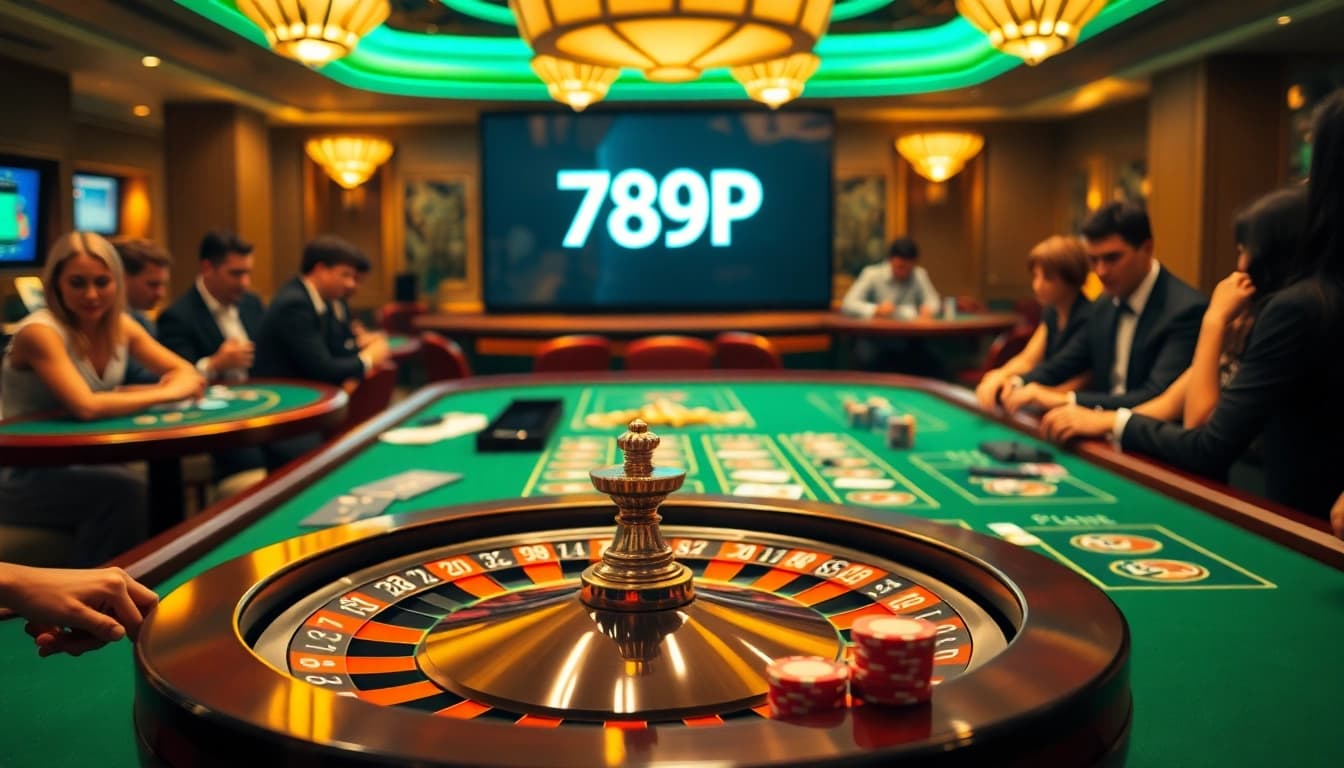 Players enjoy thrilling games at 789P casino, featuring poker chips and cards on a vibrant table.