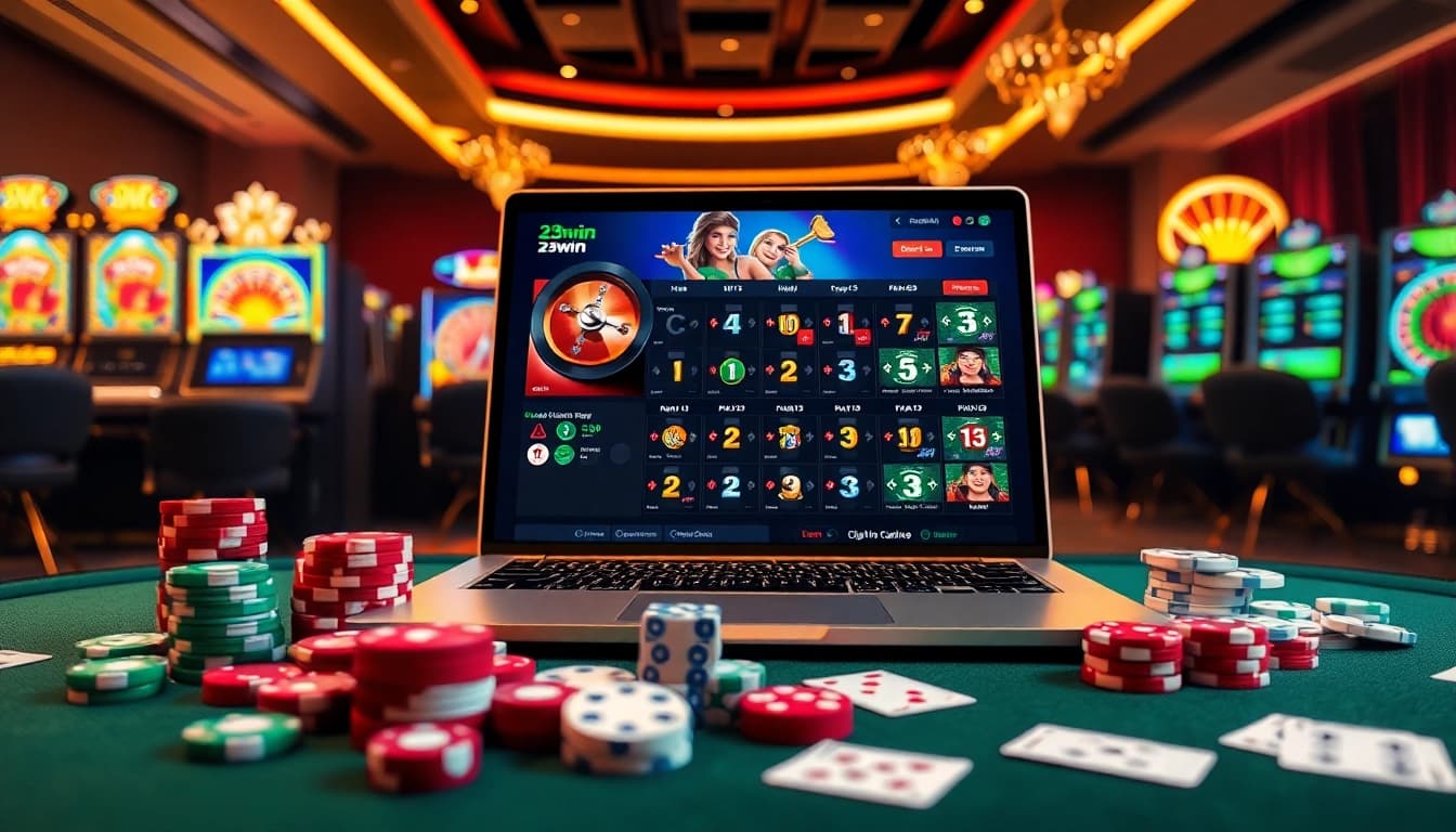 A thrilling online gambling scene showcasing 23win with poker chips and slot machines to enhance excitement.