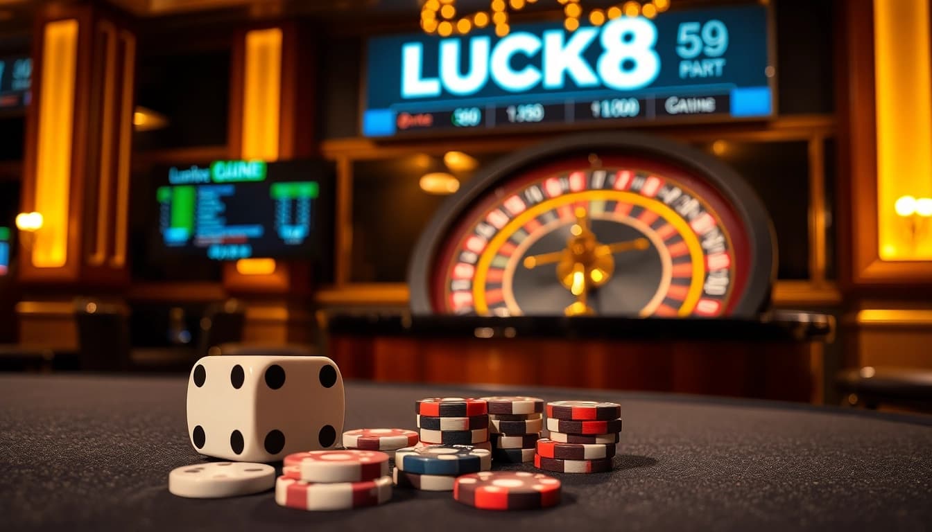 LUCK8 offers a premium gaming experience with poker chips and a roulette wheel in a luxurious casino setting.