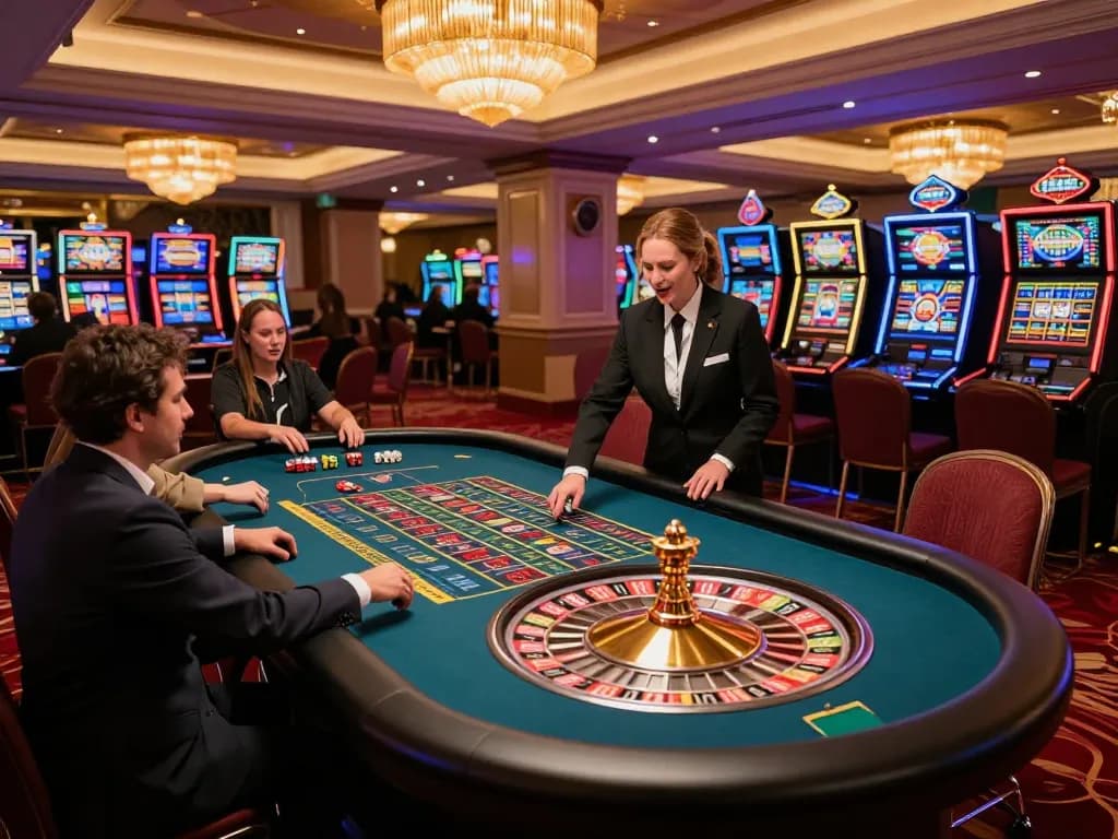 Players placing bets at a roulette table in a luxury casino atmosphere, experiencing the thrill of FC88 gaming.