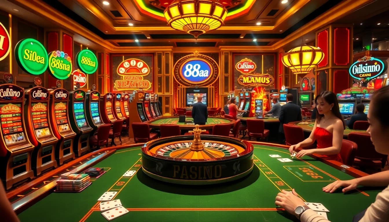 Experience the excitement of 88aa as patrons engage at roulette and poker tables in a lavish casino setting.