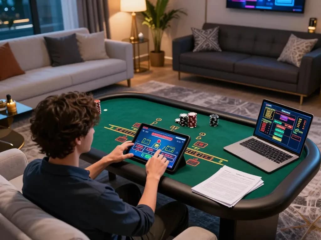 Cách chơi live casino Luck8 luôn thắng in a cozy home setup with a player engaged in live dealer gameplay.