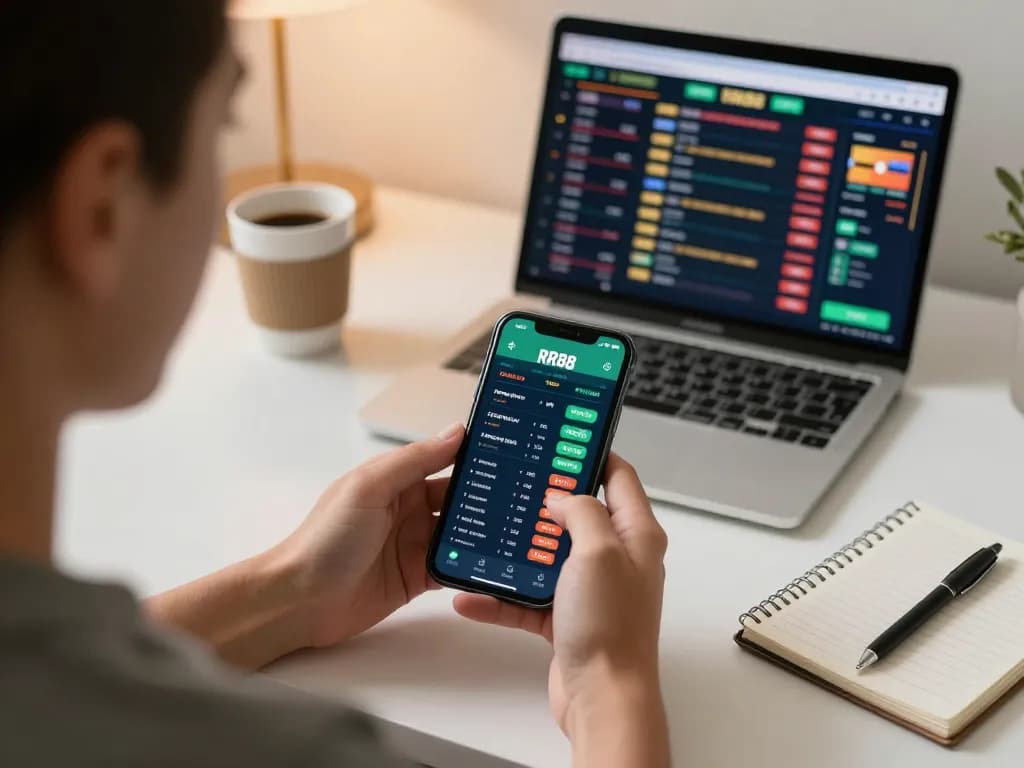 Engaging online gambling scene at https://rr888.shopping/, person excitedly placing bets using mobile app in a cozy workspace.