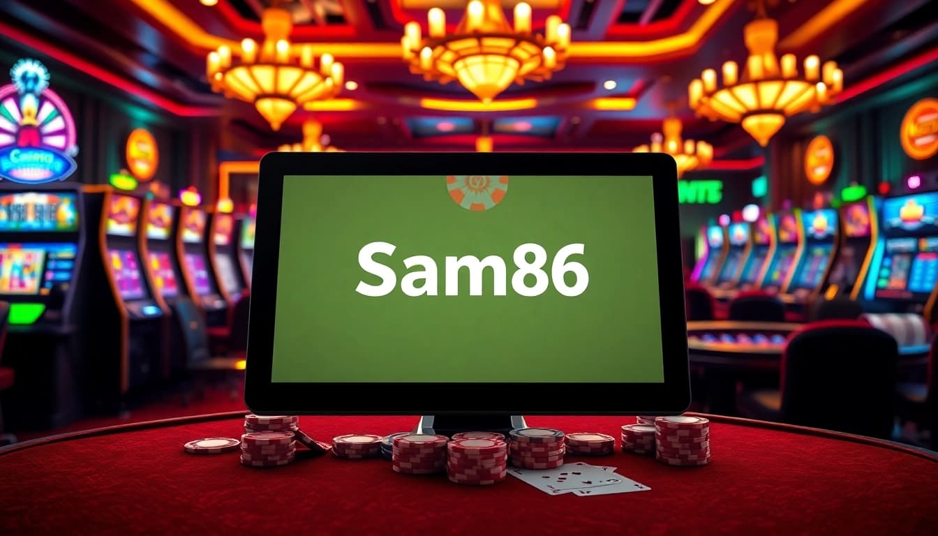 Experience thrilling gambling with Sam86 in a vibrant casino setting featuring slots, tables, and chips.