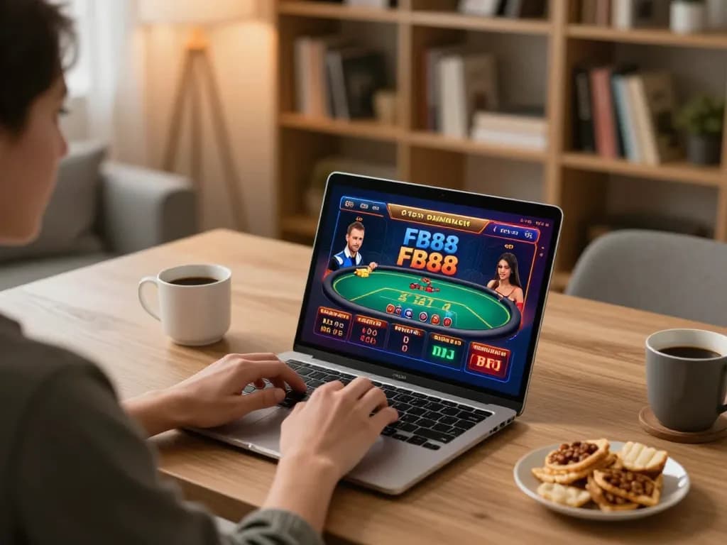 Engaging in online gaming with FB88 at home using a laptop in a cozy setting.