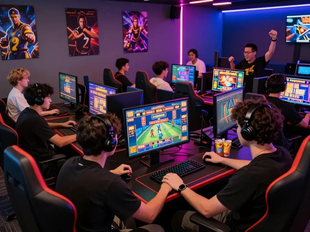 Players enjoying Game af88 in a lively online gaming lounge, featuring vibrant screens and immersive lighting.
