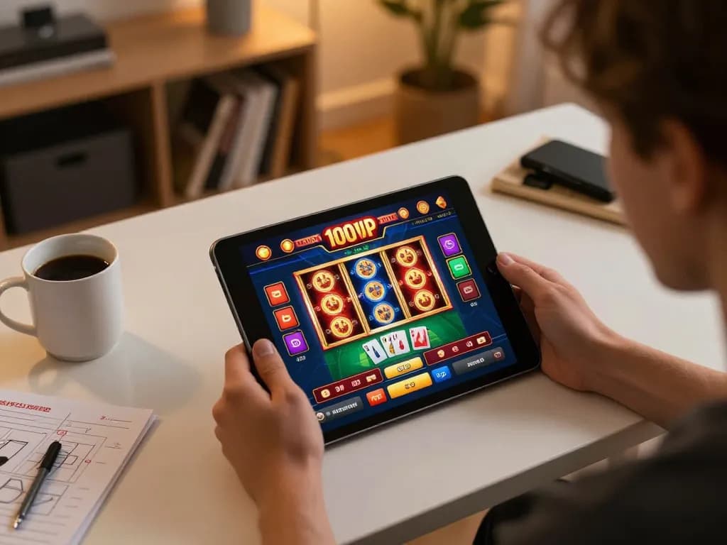 Experience thrilling online gameplay with 100vip on a cozy home setup featuring a tablet.