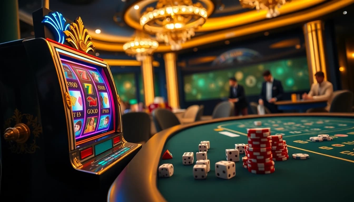 Pengalaman mesin slot yang mendebarkan di aman788 dengan warna-warna cerah dan pemain yang bersemangat memenangkan jackpot.