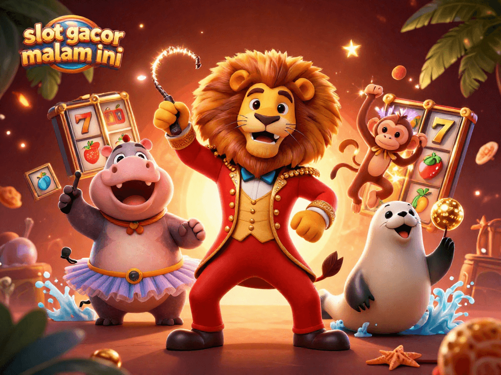 Experience excitement with slot gacor malam ini as the lively circus characters engage in a thrilling gaming scene.