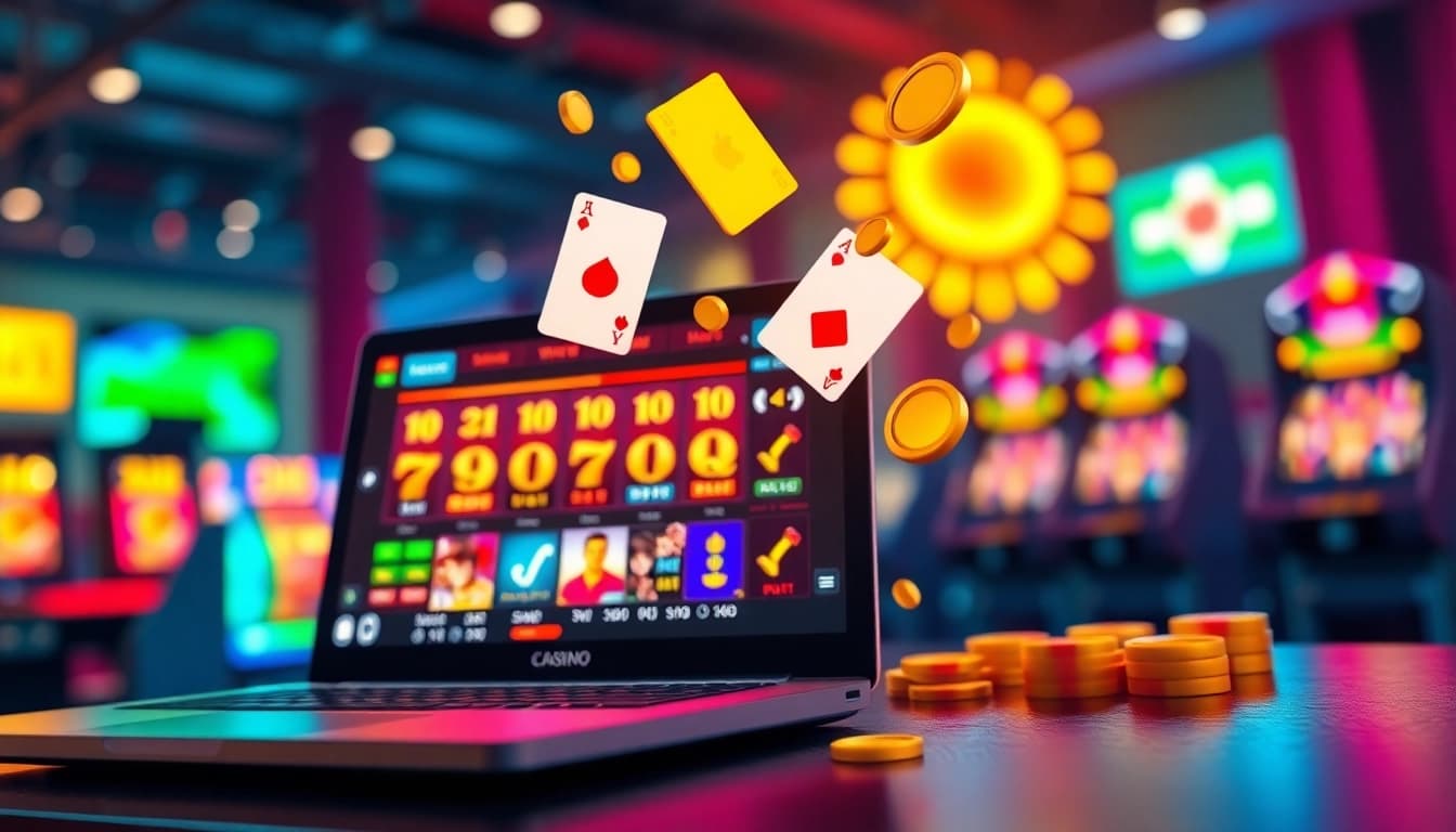 Exciting online casino atmosphere showcasing lego138 login on a sleek laptop with vibrant slot machines.