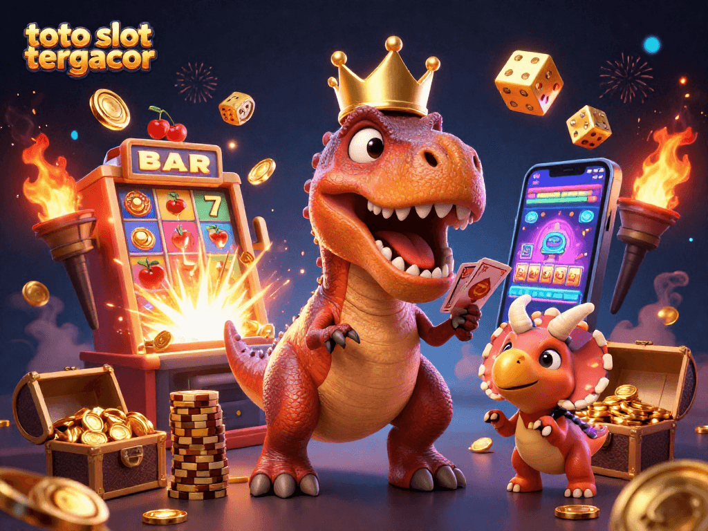 Experience thrilling wins at toto slot tergacor with a vibrant 3D casino scene depicting charismatic dinosaurs and jackpot excitement.