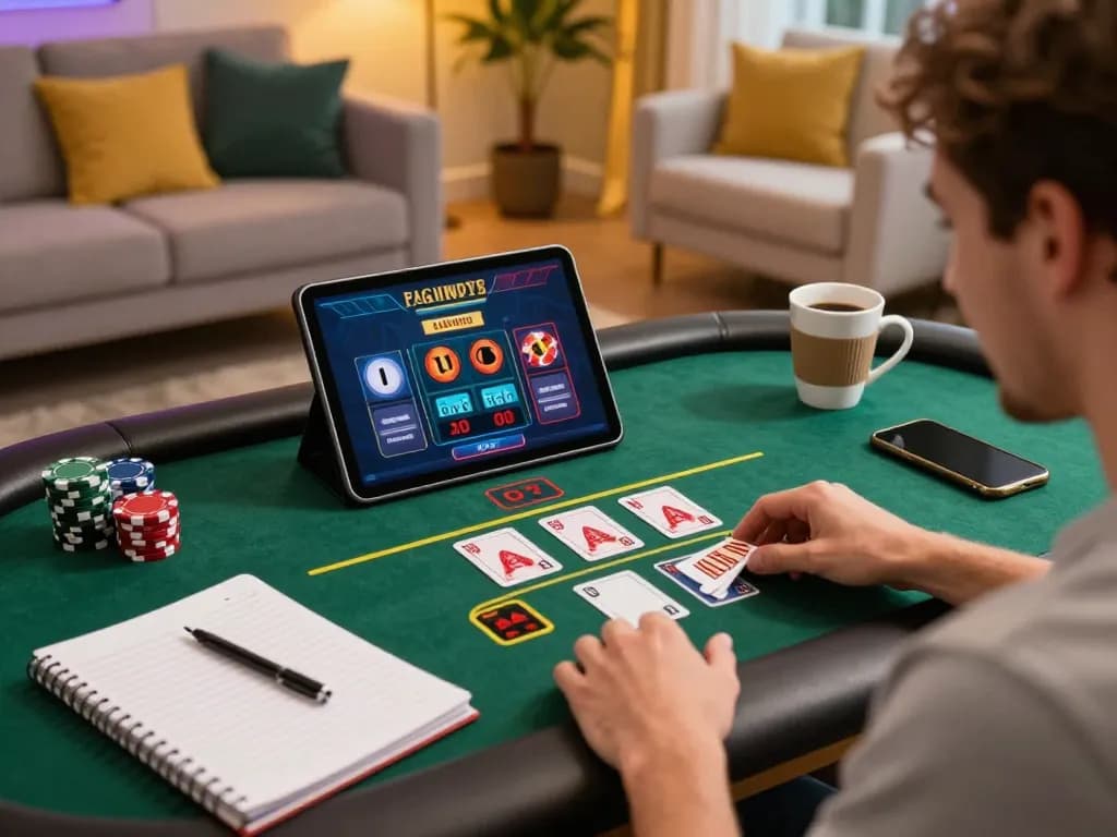 Player engaging in thrilling GEM WIN online gaming at home with strategic notes.