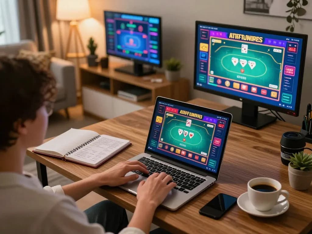 Engaging in online gaming at https://kjc.events/, showcasing strategic poker gameplay in a cozy home setting.