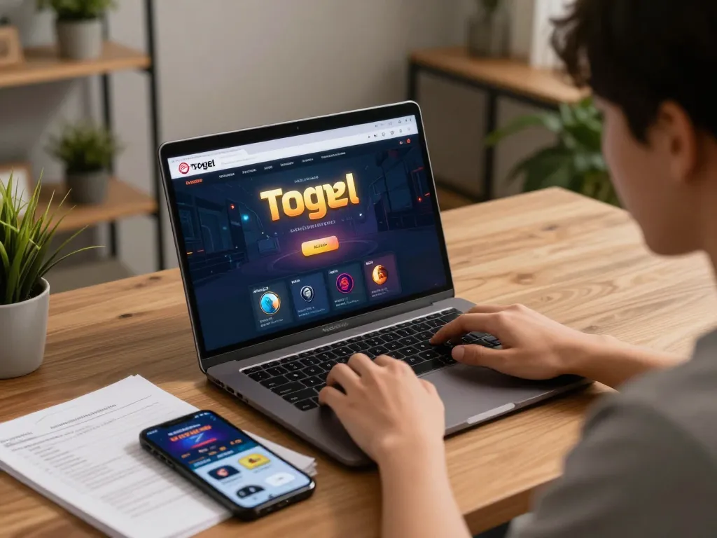 Pemain situs togel menganalisis strategi sambil bermain di laptop di lingkungan rumah yang nyaman.