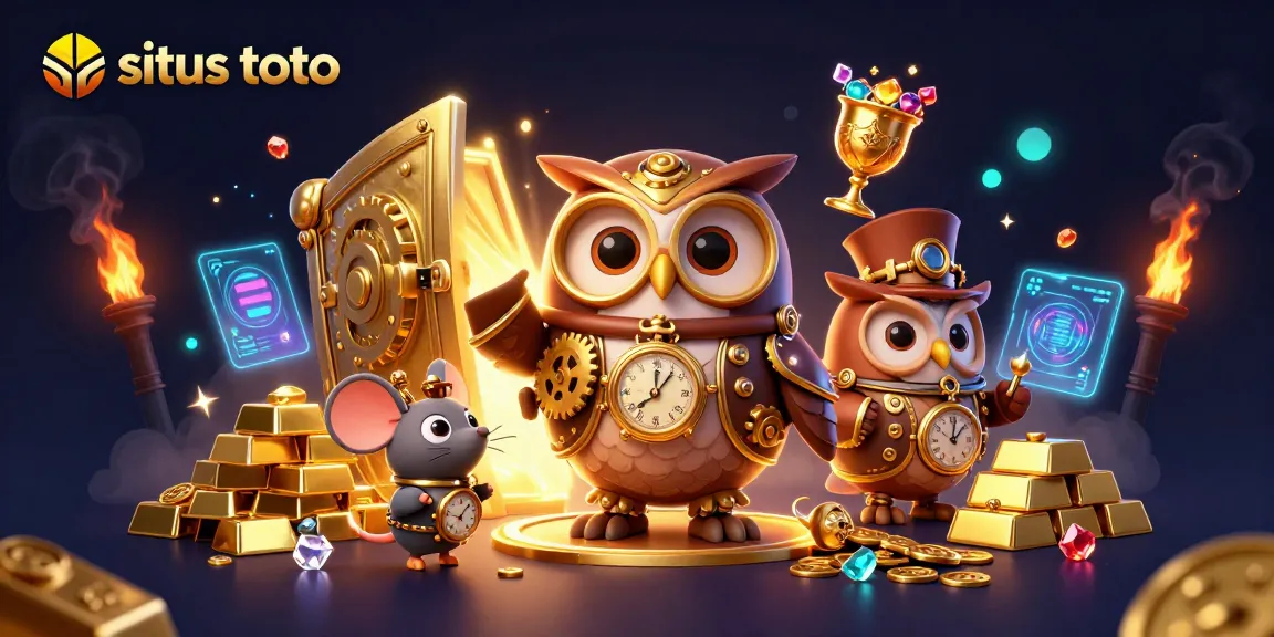 Situs toto dynamic illustration showing a time-traveling owl in a casino with gems and gold.