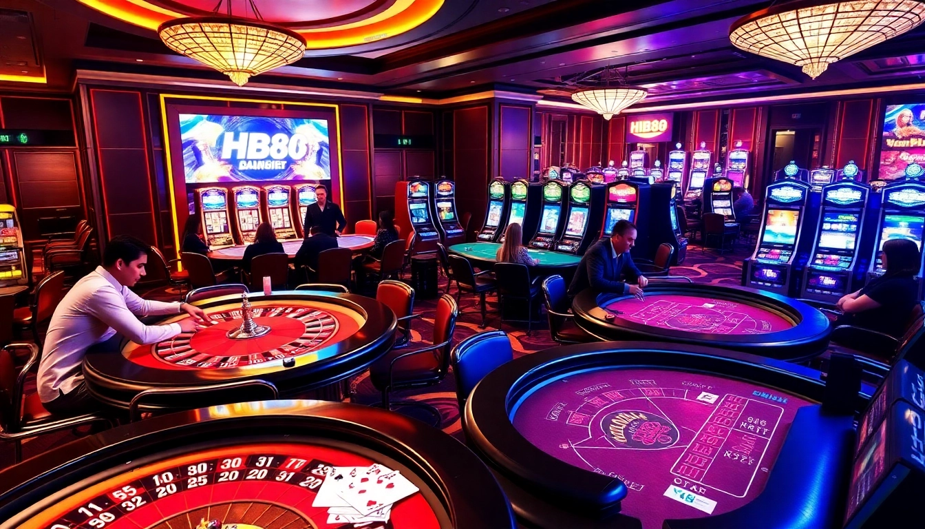 Players enjoying exciting games at the HB88 casino with vibrant tables and slot machines.