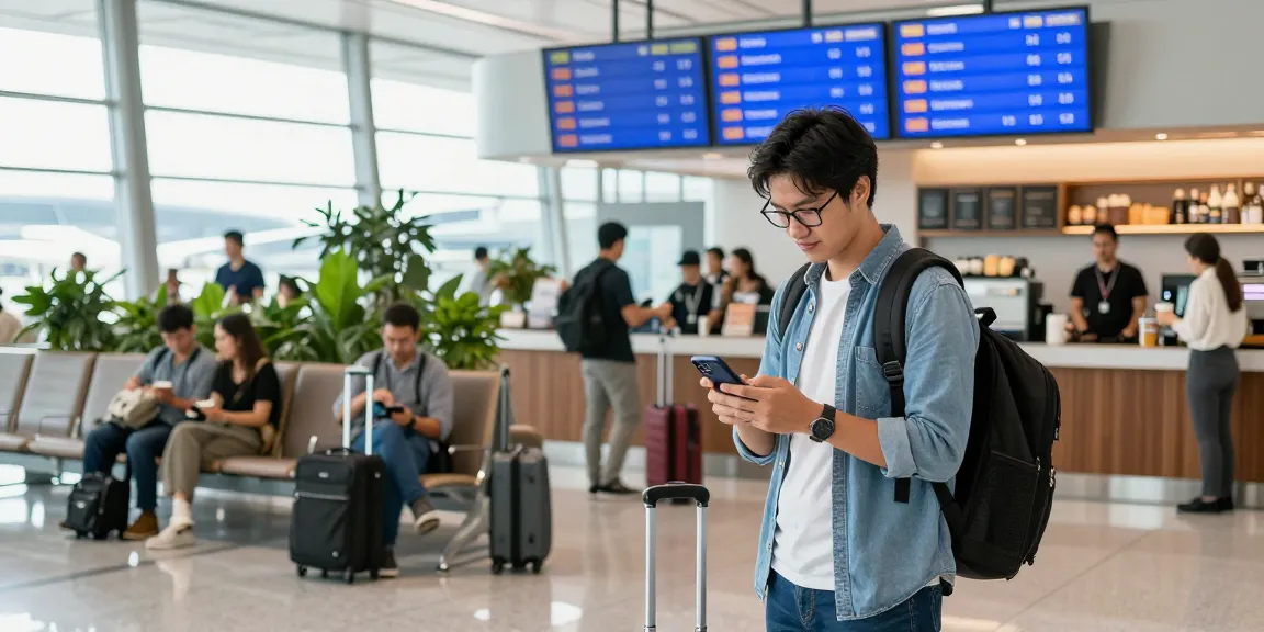 Traveler checking flight status AA 88 at a bright airport terminal.