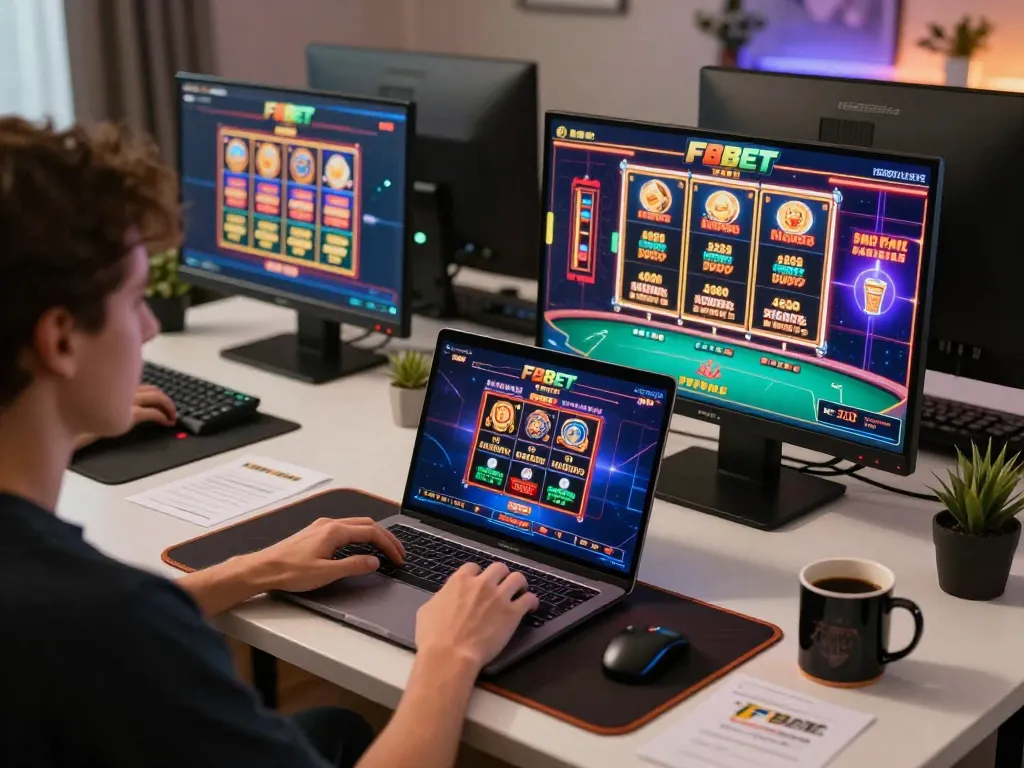 F8BET player enjoying online casino gaming on modern laptop setup, showcasing engaged gameplay.